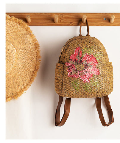 Floral Straw Backpack for Women